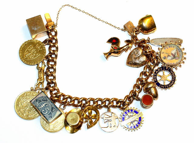 Appraisal: A CT GOLD CURB LINK BRACELET with nineteen attached charms