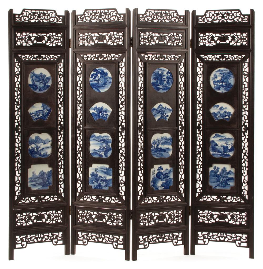 Appraisal: Highly Decorative Chinese Blue and White Porcelain Inset Hardwood Four