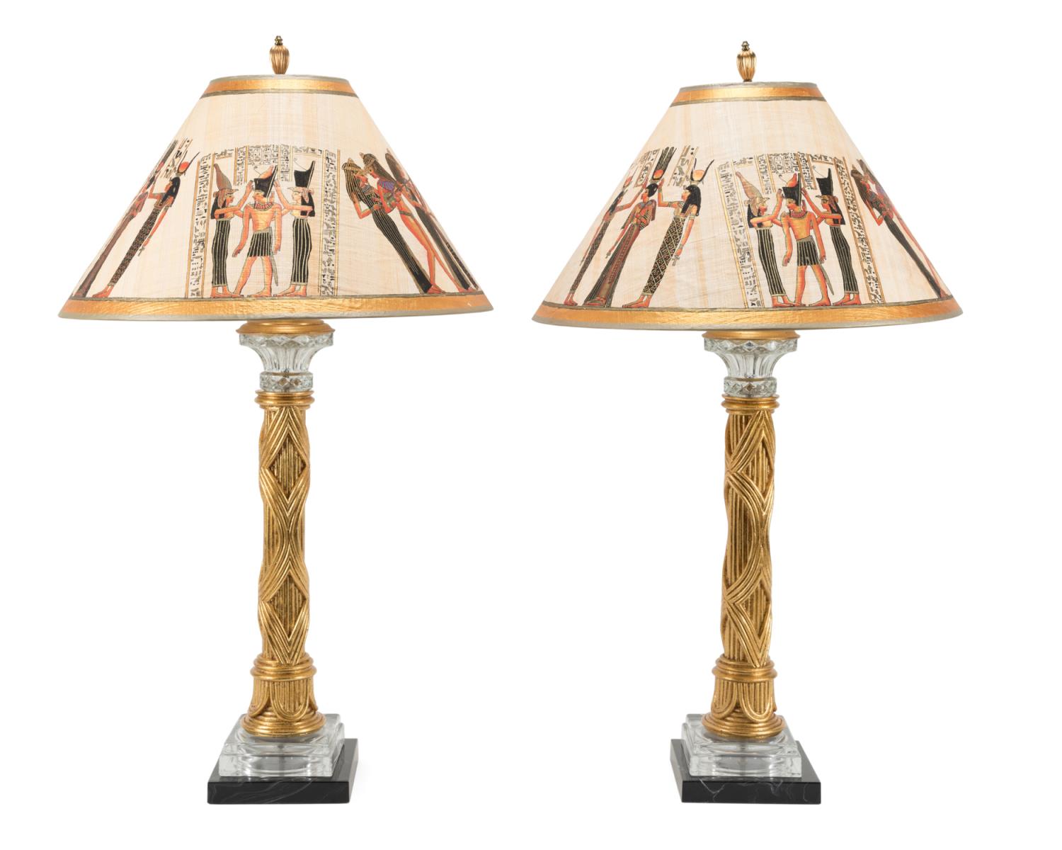 Appraisal: PR GILT COLUMN FORM TABLE LAMPS W EGYPTIAN SHADES Pair