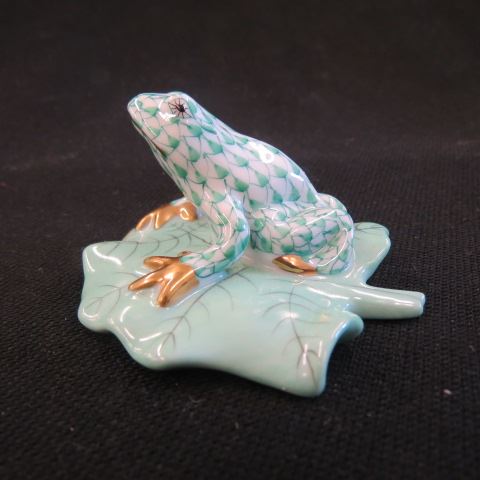 Appraisal: Herend Porcelain Fishnet Frog Figurine on lily pad green x