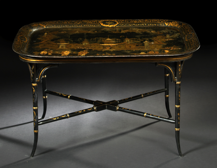 Appraisal: Fine English Gilt-Decorated Black Tole Rectangular Tray th century delicately