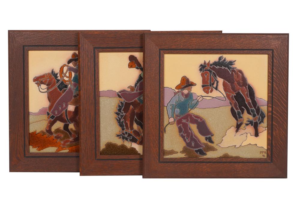 Appraisal: THREE OAK FRAMED COWBOY TILESeach stamped McK lower right' each