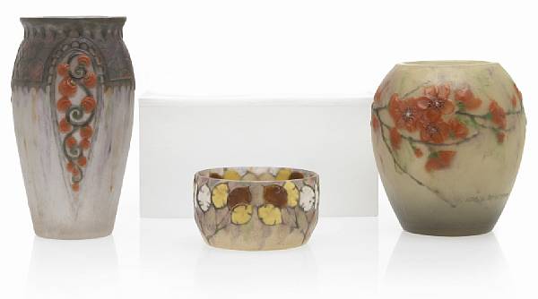 Appraisal: Three Gabriel Argy-Rousseau p te-de-verre vessels Bloch-Dermant vase Primev res