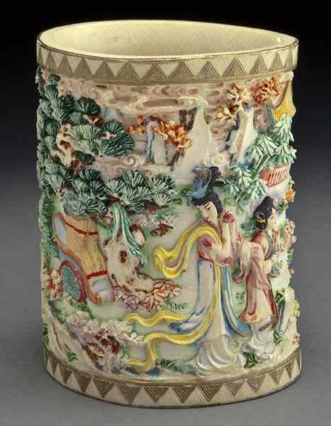 Appraisal: Chinese carved polychrome ivory brush pot International shipping IS NOT