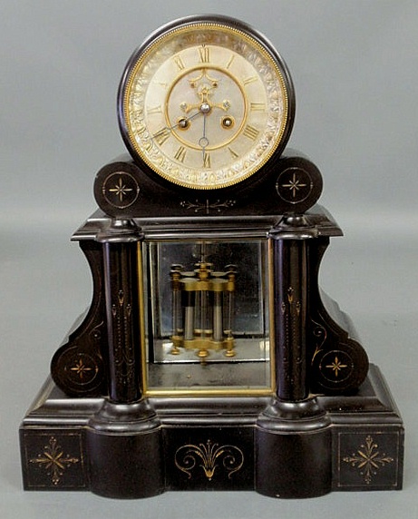 Appraisal: French black marble clock with exposed escapement wheel h x