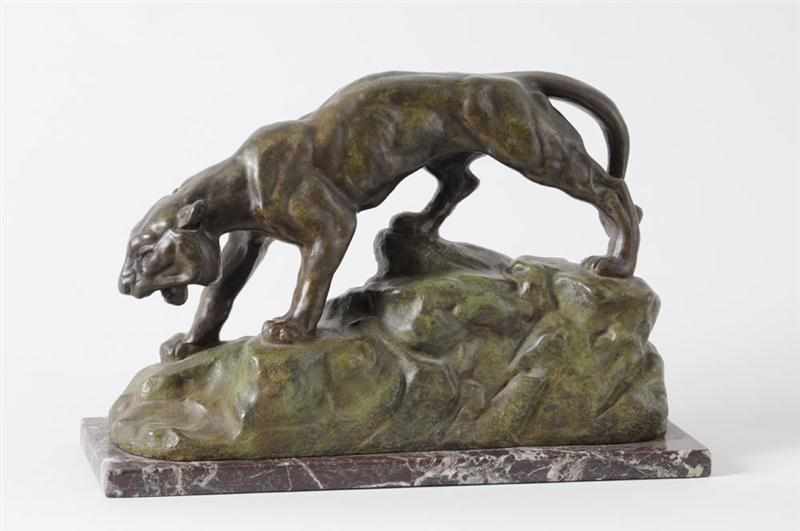 Appraisal: AFTER ANTOINE-LOUISE BARYE STALKING LIONESS Bronze with greenish patina incised