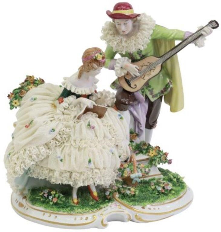 Appraisal: Large German Dresden lace porcelain figural group Serenading Couple Unterweissbach