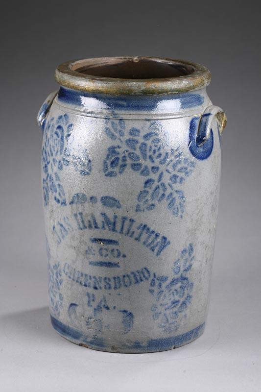 Appraisal: STONEWARE CROCK Stenciled cobalt decoration marked Hamilton Co Greensboro PA