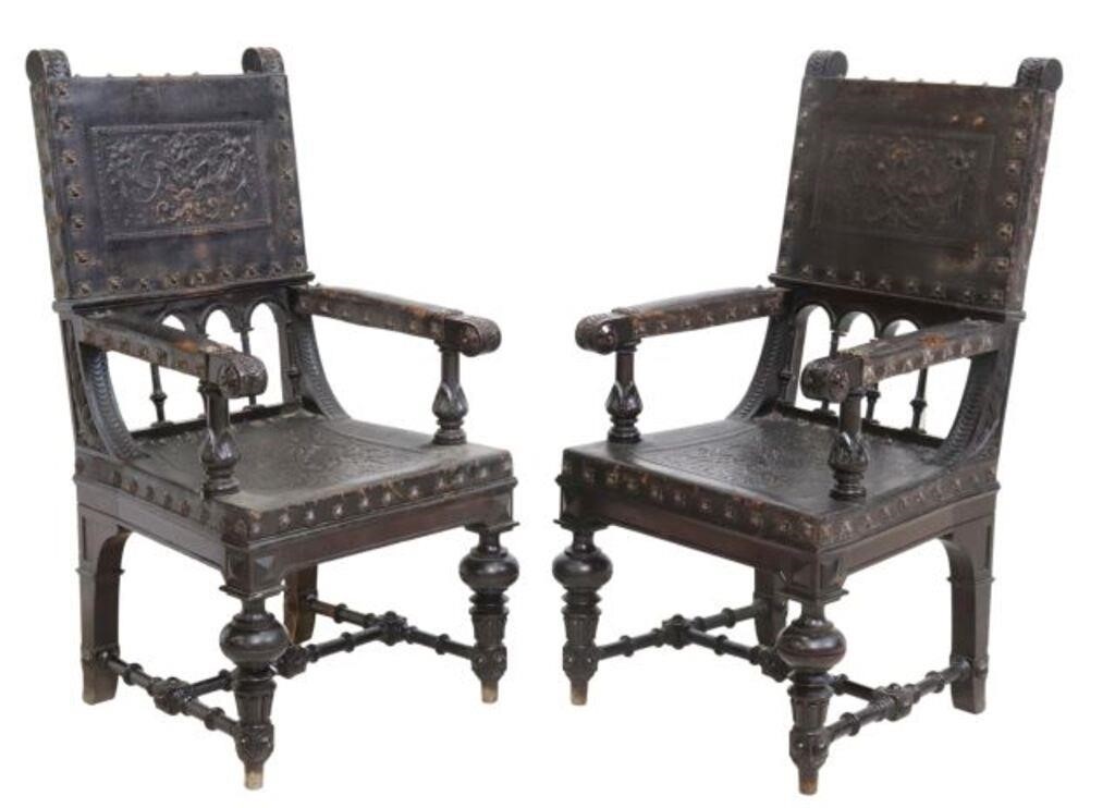 Appraisal: pair Spanish Renaissance Revival carved armchairs late th c having