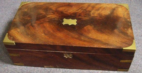 Appraisal: A mid th century brass bound writing box with fitted