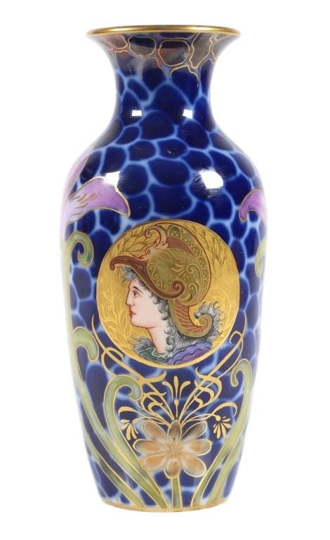 Appraisal: Hand painted vase with iris and side view of Athena