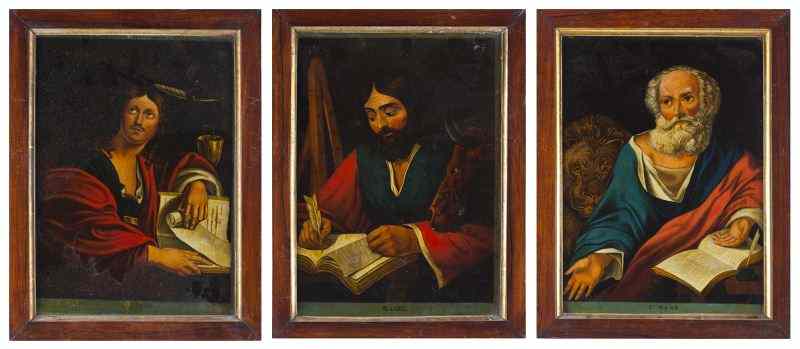 Appraisal: Three Reverse Painted Portraits of Discipleslikely English th century hand-painted