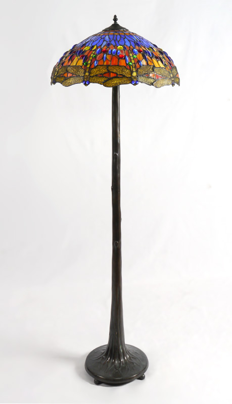 Appraisal: DRAGONFLY LEADED GLASS FLOOR LAMP Contemporary patinated metal tree trunk