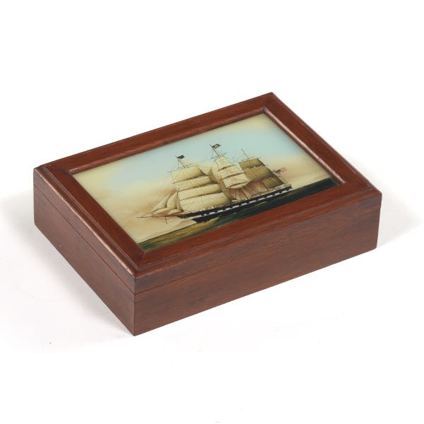 Appraisal: AMERICAN NAVAL REVERSE PAINTED GLASS HUMIDOR BOX CA TH EARLY