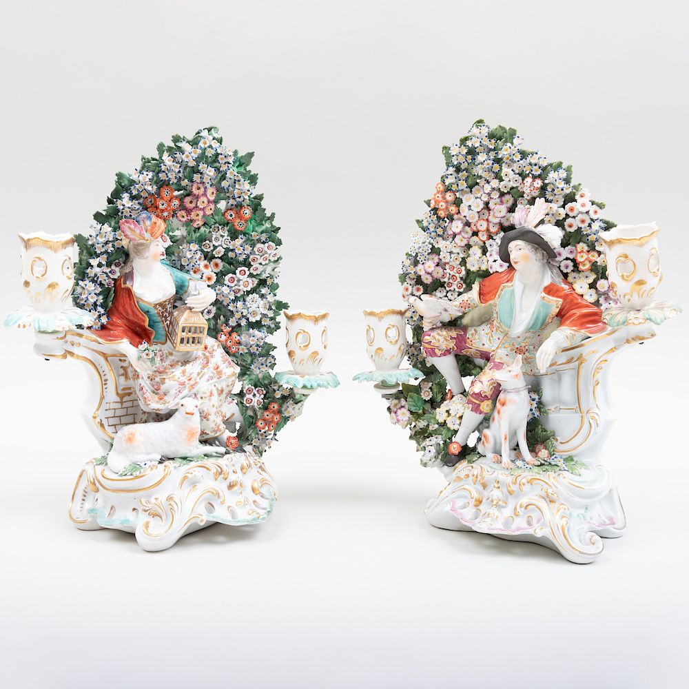 Appraisal: Pair of Chelsea Porcelain Bocage Two Light Candelabra of a