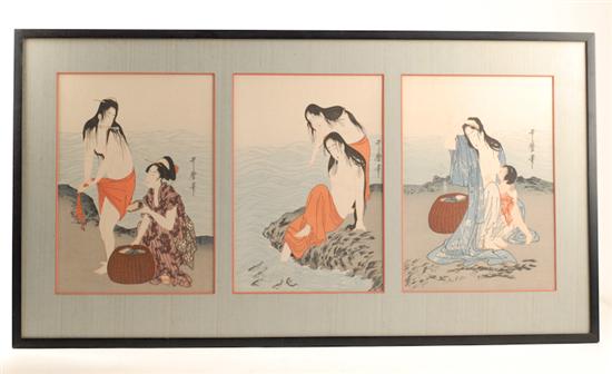 Appraisal: Kitagawa Utamaro - Japanese The Abalone Divers Triptych woodblock prints