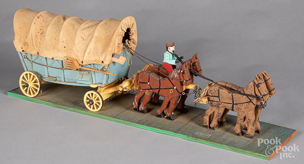 Appraisal: Luke Gottschall horse and Conestoga wagon team Luke Gottschall carved