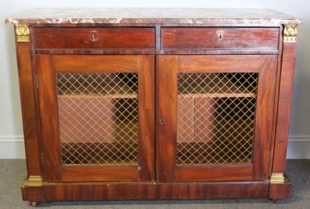 Appraisal: Regency Marbletop Door Cabinet with Wire DoorFronts From a West