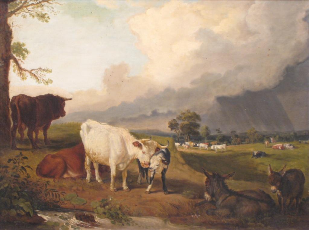 Appraisal: FOLLOWER OF JAMES WARD Farm Animals in a Landscape oil