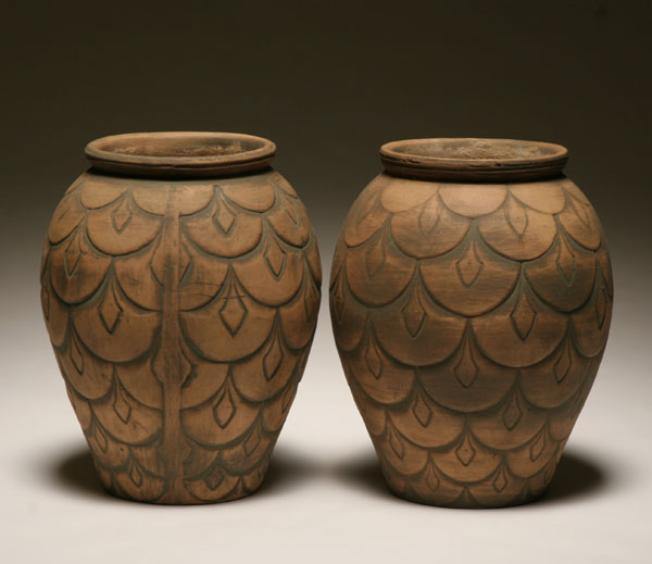 Appraisal: Pair Arts Crafts stoneware floor jars scalloped design on body