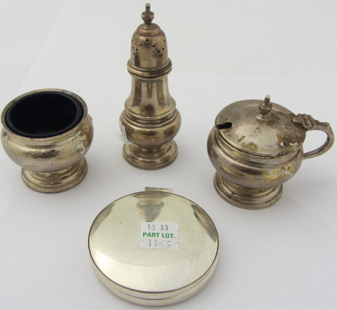 Appraisal: A silver three piece condiment set comprising a mustard pot