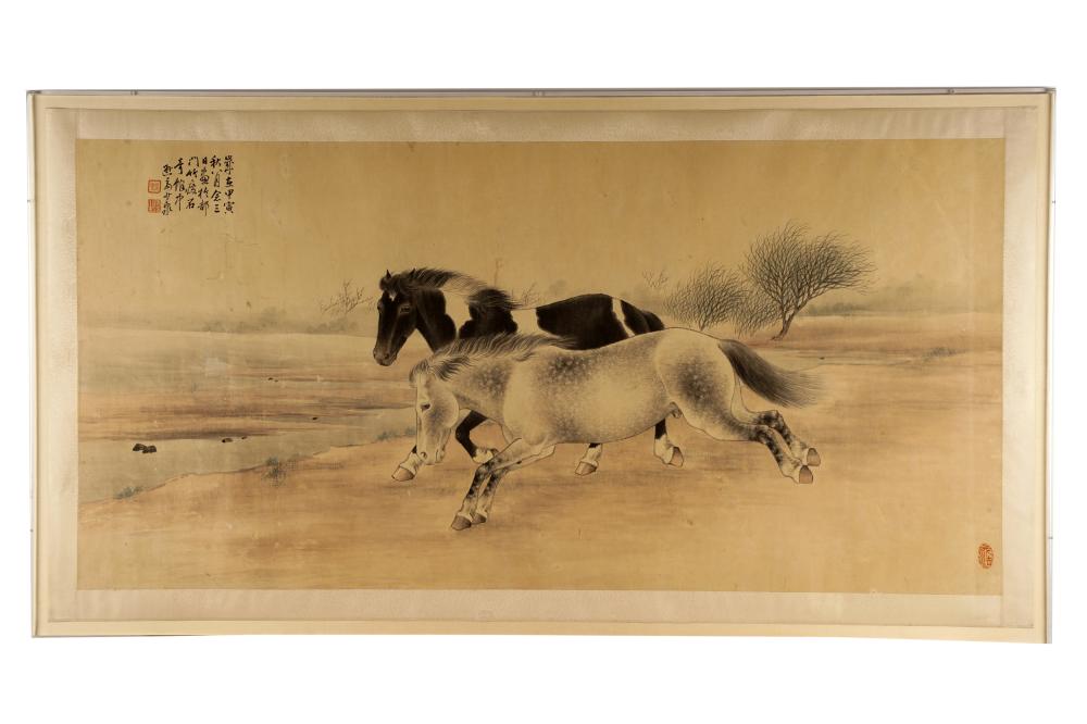 Appraisal: JAPANESE SCROLL PAINTING HORSES IN LANDSCAPEwith calligraphy and stamped mark