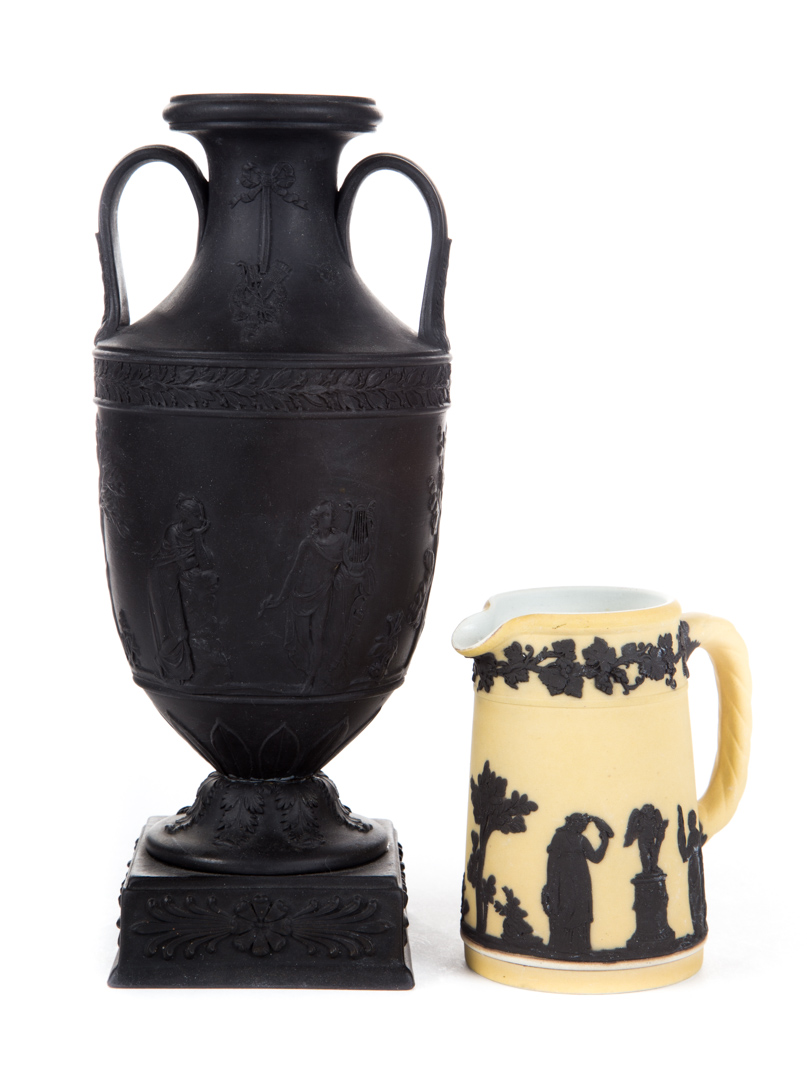 Appraisal: Wedgwood black basalt urn and jasperware jug th century double-handled