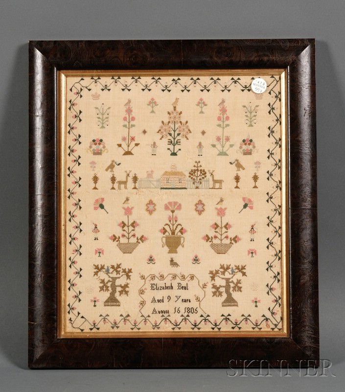 Appraisal: Framed English School-girl Cross-stitch Sampler depicting row of trees and