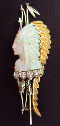 Appraisal: K CARVED OPAL AND DIAMOND PIN K yellow and white