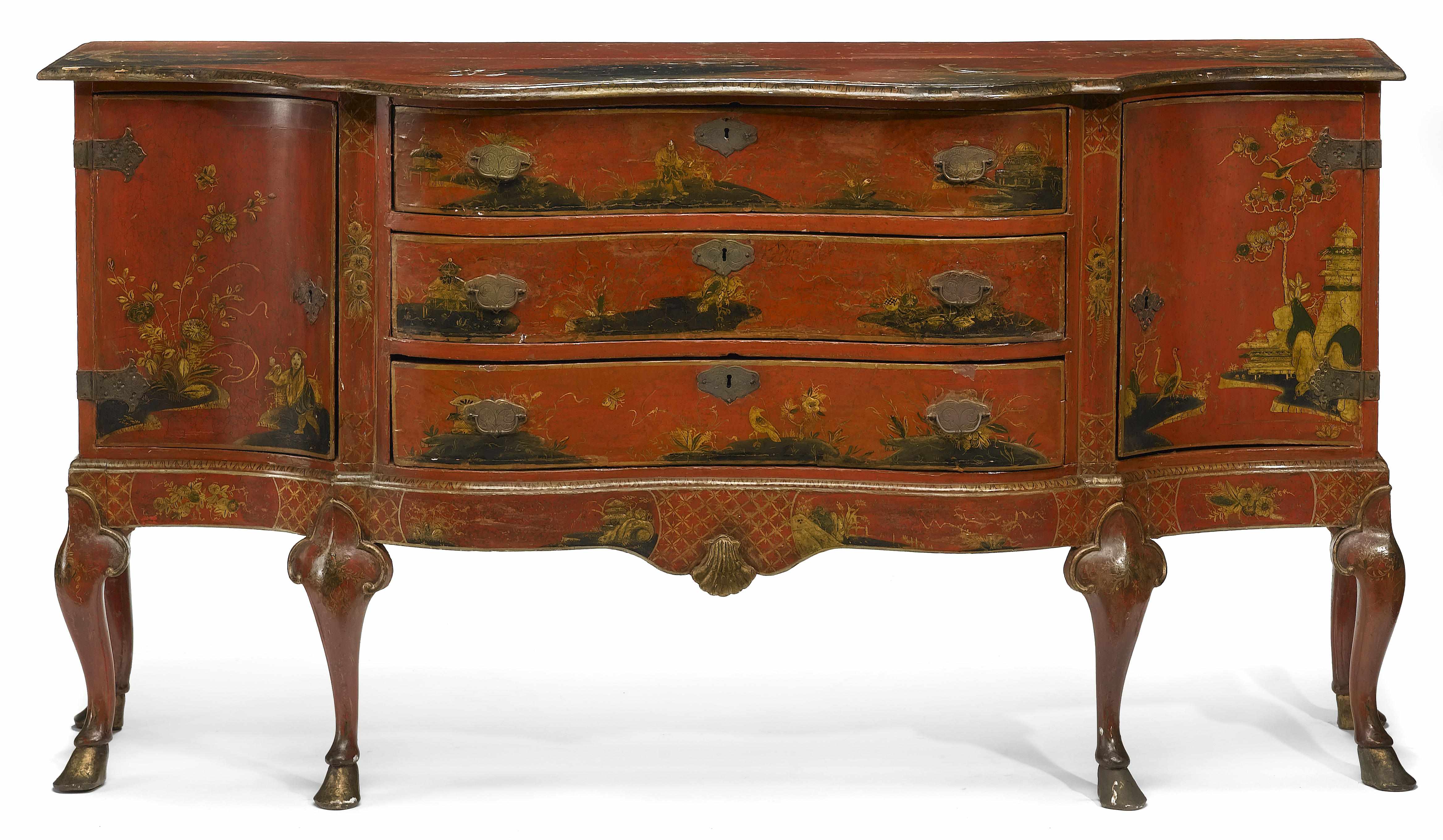 Appraisal: A Continental Rococo scarlet lacquered serpentine credenza third quarter th