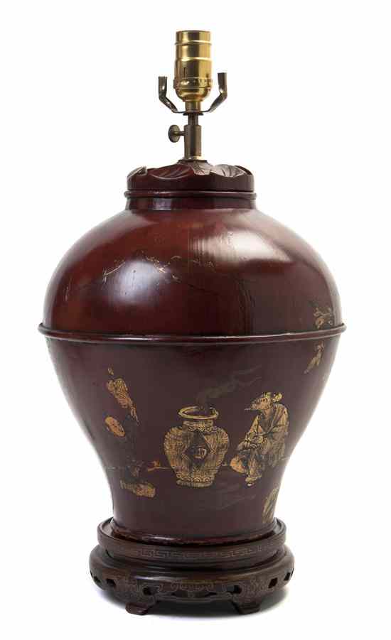 Appraisal: A Chinese Painted Wood Canister of ovoid form mounted as