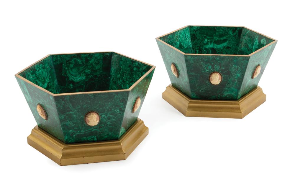 Appraisal: Pair of Malachite Hexagonal Jardinieres on Giltwood Bases with applied