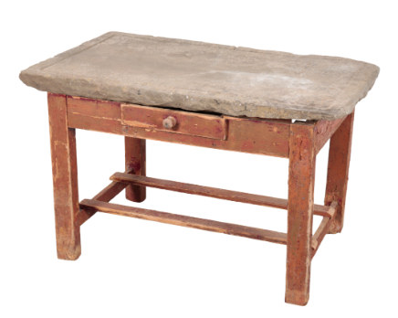 Appraisal: A RED-PAINTED AND STONE TOPPED TABLE th century the rectangular