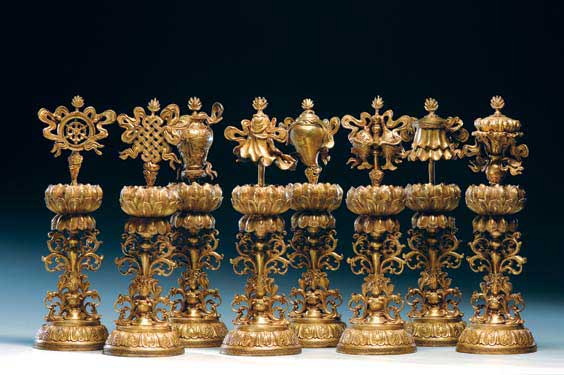 Appraisal: GILT BRONZE BUDDHIST EMBLEMS Set of ornately cast Chinese gilt