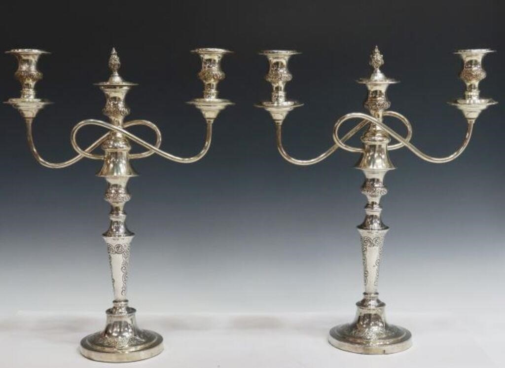 Appraisal: pair Large silverplate three-light candelabra convertible into candlesticks removable bobeches