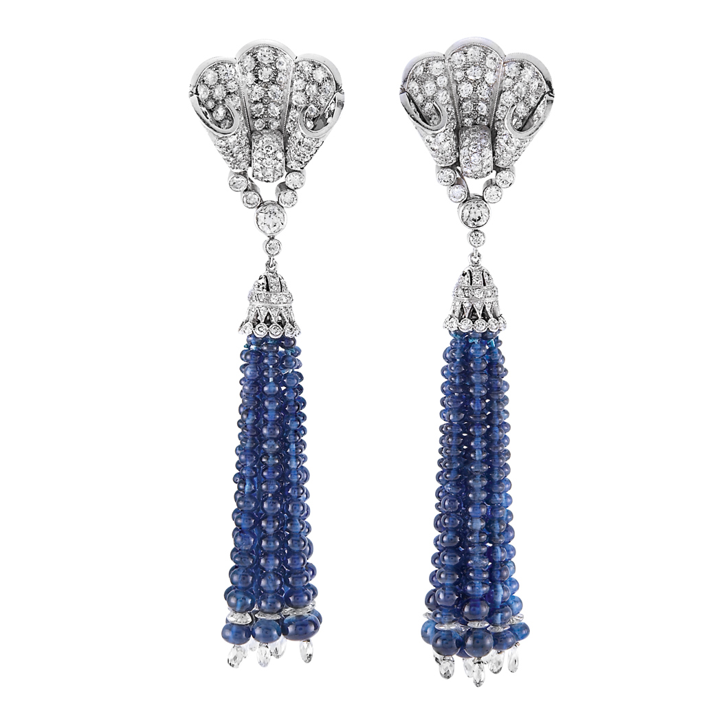 Appraisal: Pair of Platinum Diamond and Sapphire Bead Fringe Pendant-Earclips Topped