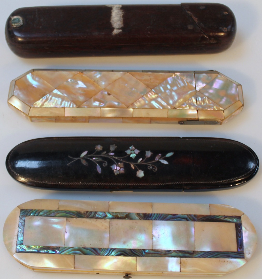 Appraisal: A thC mother of pearl and papier mache spectacles case