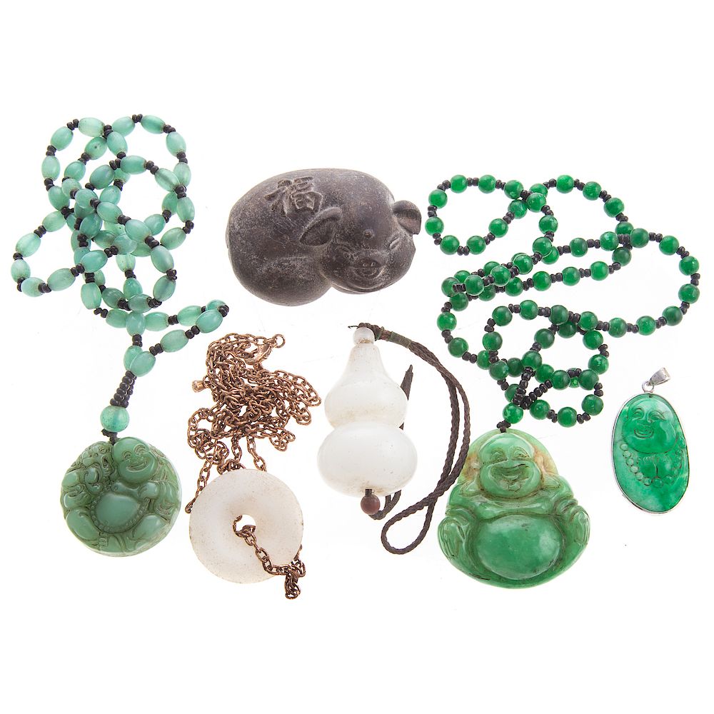 Appraisal: A Selection of Vintage Jade Jewelry Three carved jade Buddha