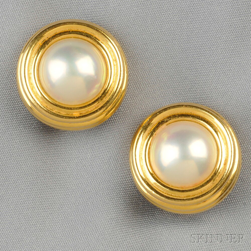 Appraisal: kt Gold and Mabe Pearl Earclips Tiffany Co each set