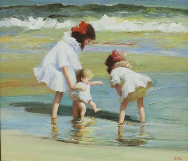 Appraisal: Decorative framed oil on canvas painting Children on the Beach