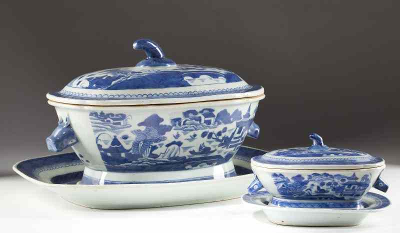 Appraisal: Two Chinese Canton Tureens Underplatesoval form blue and white village