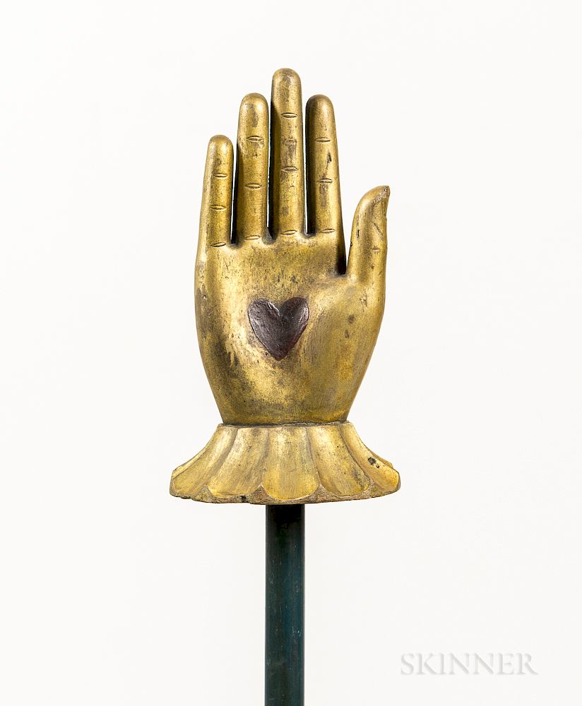 Appraisal: Carved Heart-in-hand Staff with Painted Heart Carved Heart-in-hand Staff with