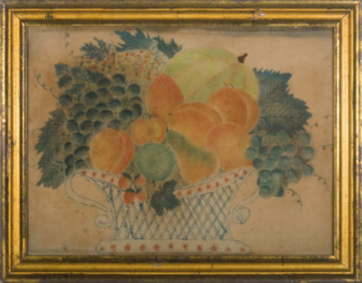 Appraisal: NEW ENGLAND VELVET THEOREM WITH PATRIOTIC BASKET OF FRUIT INCLUDING