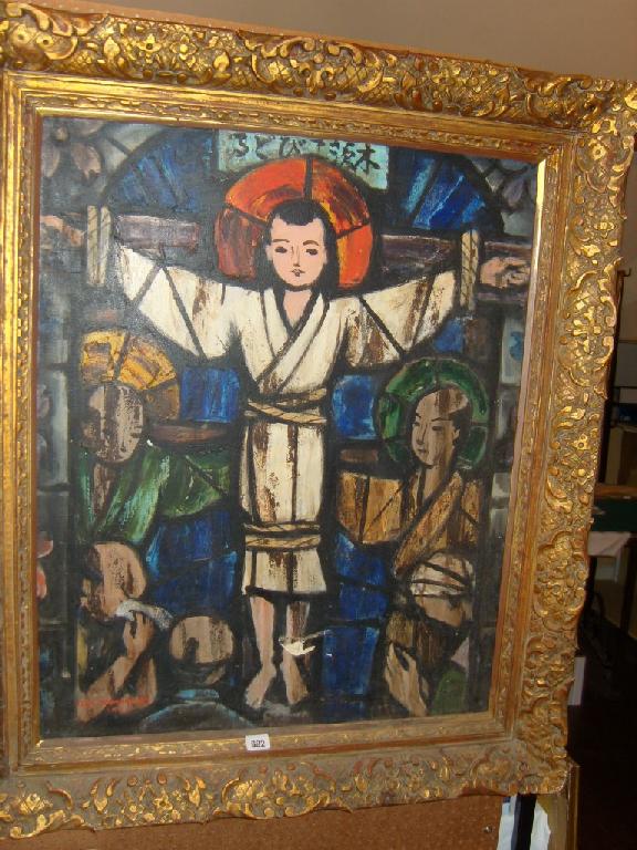 Appraisal: A large Japanese oil painting on canvas showing a crucifixion