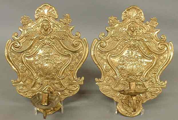 Appraisal: Pair of th c Dutch brass wall sconces with repouss