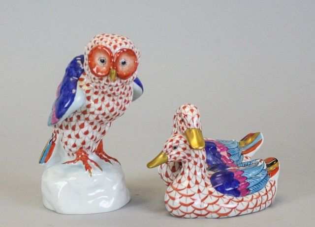 Appraisal: Herend Fishnet Rust Porcelain Figurines hand painted porcelain animal figurines