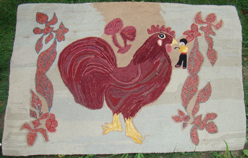 Appraisal: HOOKED RUG ' x ' With red rooster flowers and