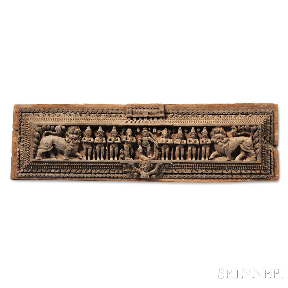 Appraisal: Two Wooden Lintel Friezes India one depicting Krishna playing the