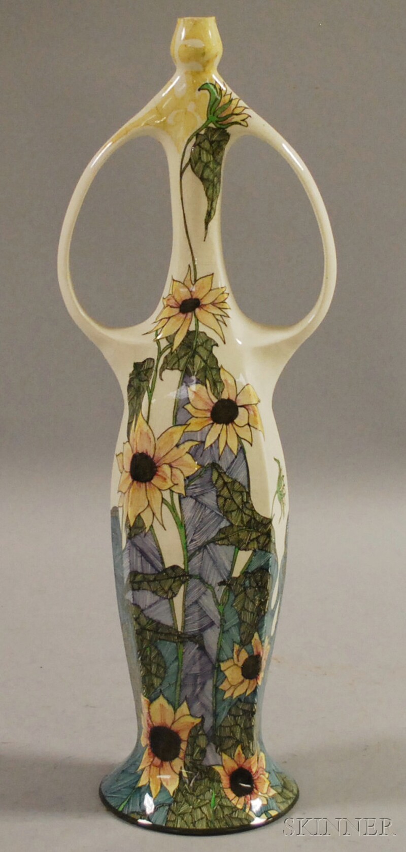 Appraisal: Gouda Art Nouveau Hand-painted Flower-decorated Ceramic Two-handled Vase base inscribed