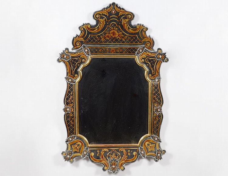 Appraisal: ITALIAN VERRE EGLOMISE MIRROR-FRAMED MIRRORThe rectangular plate within a pieced